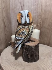 Wooden Hand Painted And Carved Tawny Owl On Log Base  Ornament