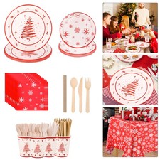 138pcs Christmas Dinner Set Plates Cups Napkins Cutlery Table Cover Xmas Decor