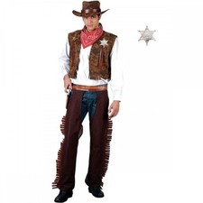Adult Western Cowboy Outfit + Silver Sheriff Badge Mens Wild West Lawman Sheriff