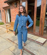 Ex M*S Jumpsuit Women's Blue Denim Button Up Cropped Tie-Waisted Straight Leg