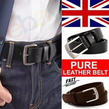 Mens Genuine Leather Belt Belts Real New Buckle For Trouser Jeans Black Brown UK