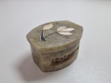 Vintage Soap Stone Trinket Ring Box  Inlaid Mother of Pearl Indian Hand Carved