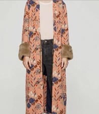 Zara Stunning Floral Printed Kimono Coat With Fur Cuffs S/M Bloggers Favourite