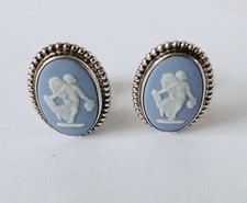 Wedgwood Jasperware Blue Earrings Silver Floral Lady