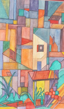 Cubist Painting, Houses & Trees, Framed, H47xW34cm