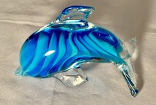Blown Glass Dolphin Paper Weight Blue Swirl Nautical Beach House Office Desk 4”