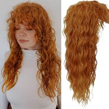 Ginger Long Curly Womens Wig with Bangs Kinky Fluffy Hair Wigs 