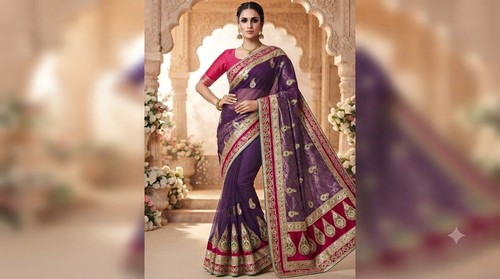 Purple net bridal saree - net,