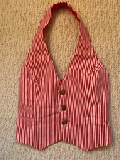 Red & White Striped Halter Neck Cropped Fitted Button Waistcoat - Size 8, Small