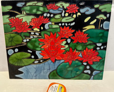 Ceramic Tile Plaque - Art Studio - Handmade  - Colourful Red Water Lillies