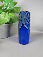 vintage okra studio glass hand blown peacock feather cylindrical blue vase