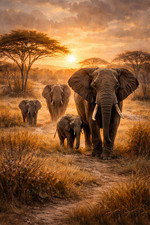 African elephant family - elephant, sunset