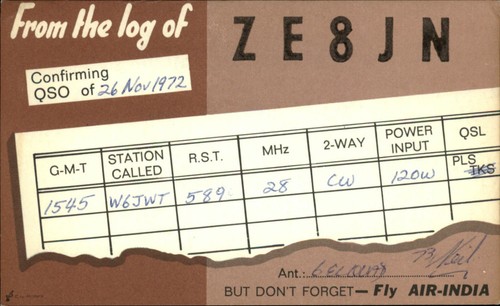 Qsl ze8jn salisbury rhodesia - salisbury,