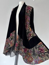 Dreamkeeper Black Gold Handpainted Velvet Frock Duster Kimono Coat Jacket S / M