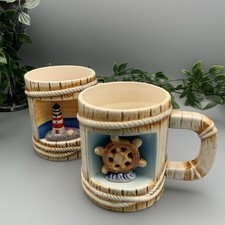 Pair of Nautical Seaside Themed Ceramic Mugs Decorative Ornamental Holiday Decor
