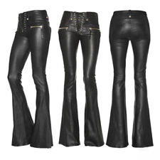 Leather Pants Bell-bottom Trousers Clubwear Biker Punk Womens Lace Up High-waist