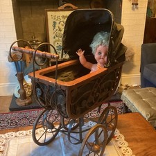 Vintage Dolls Display Pram Carriage Wicker Wood & Metal Victorian Style 24inch
