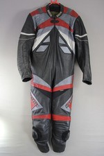 MAAKSON 1 PIECE BLACK, SILVER & RED LEATHER BIKER SUIT WITH CE ARMOUR 48 IN/XXL
