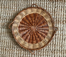 Two Tone Woven Wicker Rattan Shallow Round 13 Inch Plate Holder Serving Tray