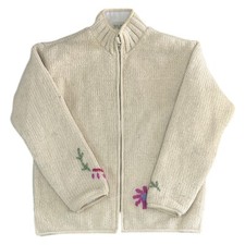 Pachamama Hand Knit Cardigan Fleece Lined Full Zip Wool Beige Womens Large