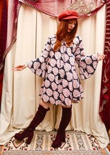 Vintage Style 60s 70s Cotton Mini Dress Flared Sleeves Boho 8- 18