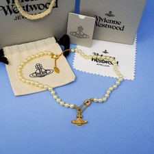 Vivienne Westwood Gold Mini Bas Relief Pearl Safety Pin Orb Choker Necklace Box