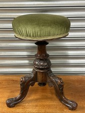 Antique Victorian Carved Mahogany Adjustable Piano Stool, Velvet Upholstery