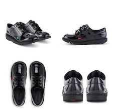 KICKERS Patent Leather Black Shoes Kick Lo New Youth Unisex Classic Size 3-6