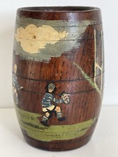 Vintage Hand Painted Rugby Union Themed Oak Vesta Barrel Pot Treen Woodenware.