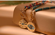 Boho Evil Eye Necklace – Colourful Beads, Gold Protection Charm, Gift for Women