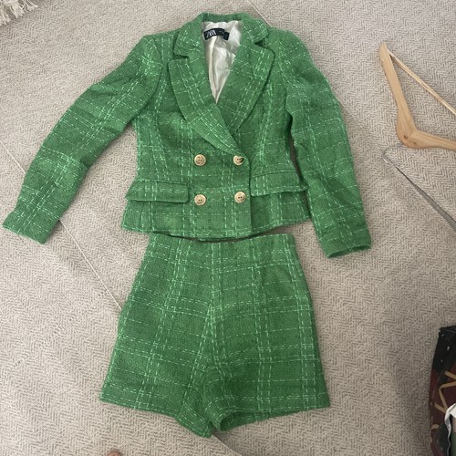 Zara green tweed blazer jacket - green,