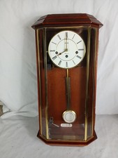 Vintage Acctin Wall Mounted Pendulum Clock Wood Brass And Glass Mechanical