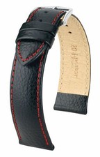 Hirsch Kansas 20 mm black watch strap with red stitching, length L