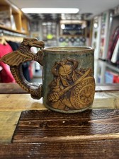 Handcrafted Studio Art Pottery Mug Dragon Slayer Gargoyle Handle Viking Vintage