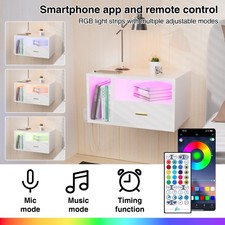 LED Floating Bedside Table Wall Nightstand w/Power Station, Drawer & Open Shelf^