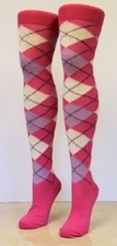 Ladies Pink Lilac Cream Argyle Over the Knee Pub Golf Socks Sports Fancy Dress