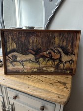 Vintage Swedish 1960’s Abstract Wild Horses Print, Teak Frame,behind Glass Vgc