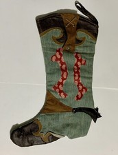 Vintage Cowboy Boot Christmas Stocking Denim Faux Leather Suede Spurs Country