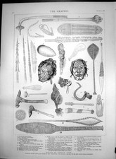 Antique Old Print Relics Captain Cook Endeavour Carved Club Spear Paddle 1887