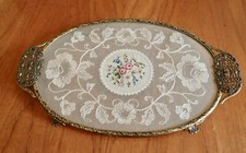 Vtg petit point tray lace filigree brass glass dressing table vanity oval