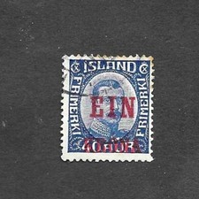 ICELAND 1921 KING CHRISTIAN 1 KRONA ON 40aur BLUE VGU GIBBONS No 146 c£37+