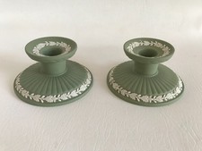2 Wedgwood Green Jasperware short Candle Stick Holders