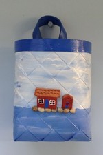 Swedish birch basket hanging, with Swedish house, Handmade by Svea '97 Blue