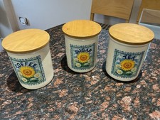 VTG ENGLISH POTTERY CLOVERLEAF SUNFLOWER TEA/COFFEE/SUGAR STORAGE CANISTER SET..