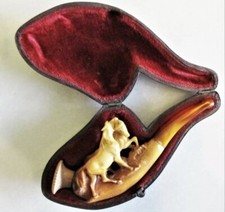 19th Century Carved Meerschaum Pipe, modelled as 2 Horses with Amber Stem & Case