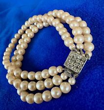 Vintage 1950s Triple Strand Faux Pearl Beaded Bracelet Fancy Clasp - Wed
