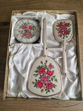 VINTAGE  FORTUNA EMBROIDERED DRESSING TABLE SET WITH CLOCK, BOX, OLD GUARANTEE.
