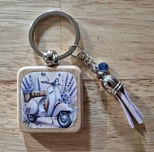 Retro Vespa Scooter DTF Design Keyring Square Wood Keychain Gift Idea UK Made UK