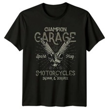 Champion Garage Motorcycles Spark Plugs Mens T-Shirt Womens Tee Graphic Top