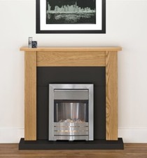 ELECTRIC FIRE OAK FIREPLACE SURROUND BLACK HEARTH BRUSHED STEEL PEBBLES BNIB